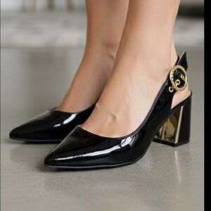 Jones New York Candree Block Heel Slingback Pumps Black Patent 6.5M new